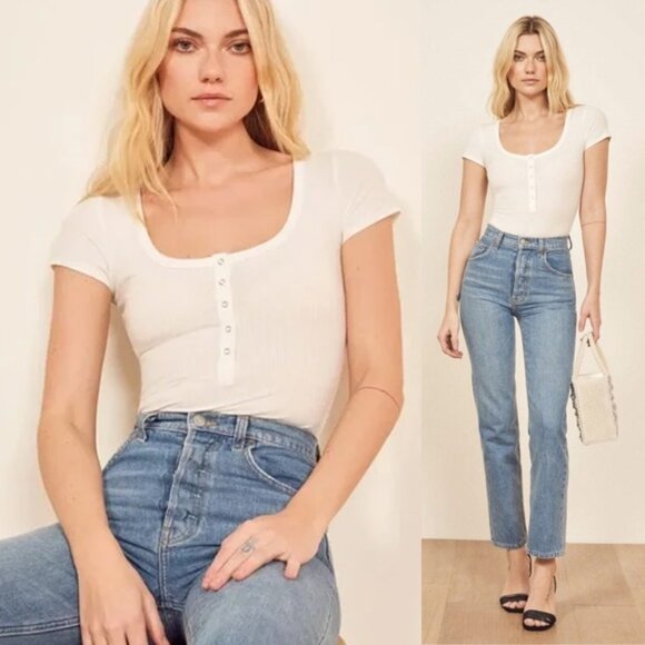 Reformation Rawson Ribbed Bodysuit White Plus Size 3X Short Sleeves Classic $78 - Picture 1 of 16